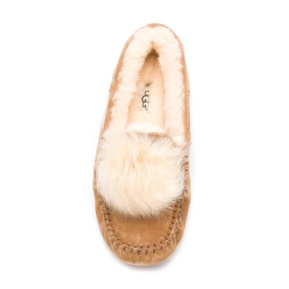UGG Tan Sheepskin Suede Pompom Moccasin Slip On Shearling Slippers Size 8.5 - Picture 1 of 7